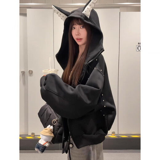 Xiaohongshu Korean high street niche Doberman ear coat for women spring and autumn design niche couple national fashion brand cardigan sweatshirt black-version spring and autumn thin section M