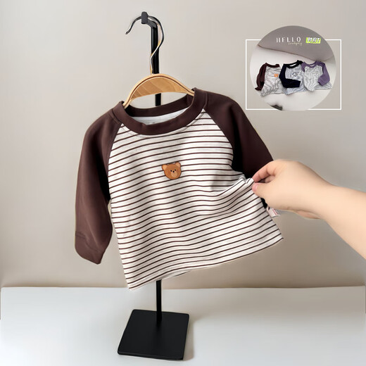 Xiaohongshu popular baby clothes, versatile long-sleeved cartoon striped spring and autumn round neck T-shirt, fashionable baby casual 230 brown cm 66