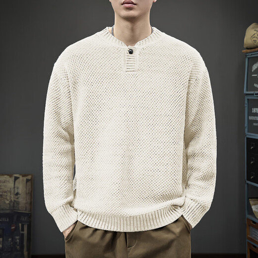 Le Xin Chao Autumn Trendy Japanese Retro Henley Collar Sweater Men's Pullover Loose Knitwear Autumn and Winter New Style Inner Sweater Floral Gray S (90-115Jin Jin is equal to 0.5kg)