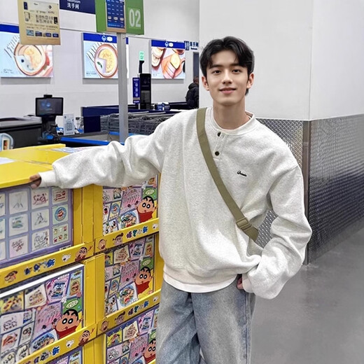 Henry collar sweatshirt men's spring and autumn hoodless American cleanfit bottoming shirt loose trendy brand long-sleeved T-shirt with spring white gray M