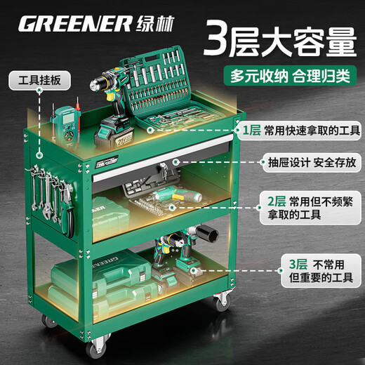 GREENER Tool Cart Auto Repair Drawer Type Maintenance Small Trolley Box Mobile Three-Layer Cabinet Parts Cart Shelves Storage Same as the Main Picture - Capacity Upgraded Drawer Type Green Delivery Hook