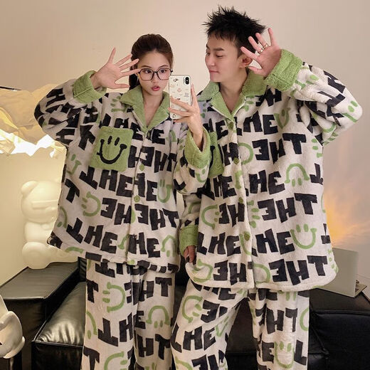 Victoria style couple autumn and winter coral pajamas for one man and one woman in winter new flannel home clothes plus velvet thickened suit 88600 - thickened flannel M female + male L