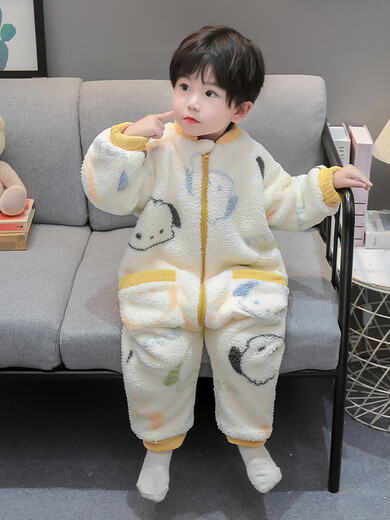 Langsha children's one-piece pajamas autumn and winter flannel thickened one-year-old baby sleeping bag boy coral velvet anti-kick quilt off-white double layer plus velvet thickened M 80cm