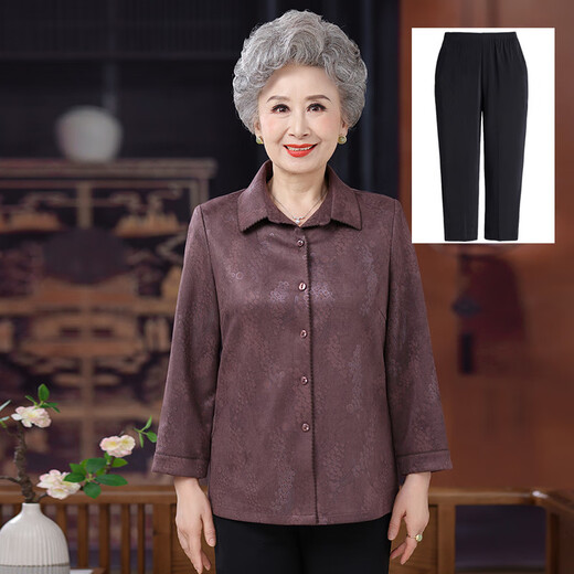 AX Light Luxury 2026 Middle-aged and Elderly Grandma Spring and Autumn Shirt New Style Festive Mother Long Sleeve Wife Jacket Xipo Red + Pants L Recommended 100Jin Jin is equal to within 0.5kg
