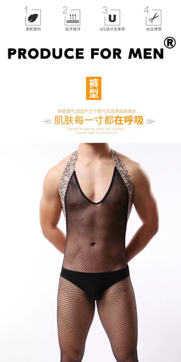 Couple's fun underwear men's body stockings one-piece hip-covering see-through men's sexy underwear sexy underwear thong black one size