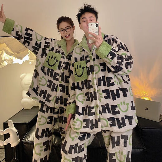 Victoria style couple autumn and winter coral pajamas for one man and one woman in winter new flannel home clothes plus velvet thickened suit 88600 - thickened flannel M female + male L