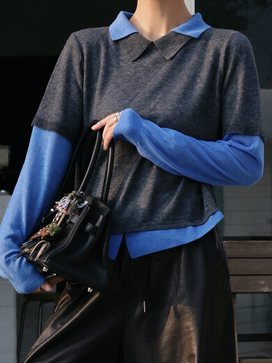 Xiaohongshu popular TT designer Seagull contrasting fake two-piece sheep wool T-shirt for women autumn new long-sleeved p gray M90-120Jin Jin equals 0.5 kg one size