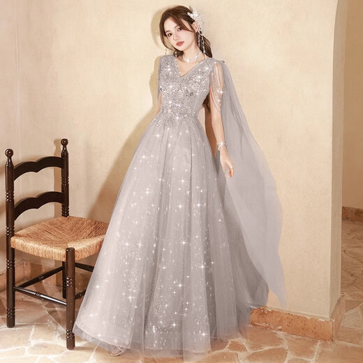 Chuangjing Yixuan New Year's Eve Host Dress Sequin Host Evening Dress Female Feeling Dignified and Grand Banquet Vocal Art Test Chorus Gray XS