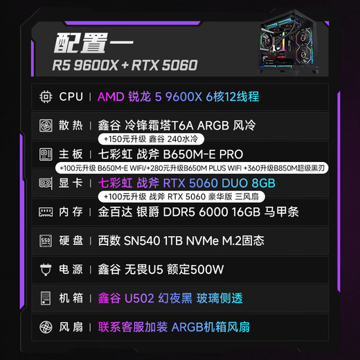 Colorful Ruilong 9600X/7500F/5060/5060ti/5070 game console 3A masterpiece live desktop computer productivity AI model rendering DIY assembly machine with one 9600X+RTX5060 black single host