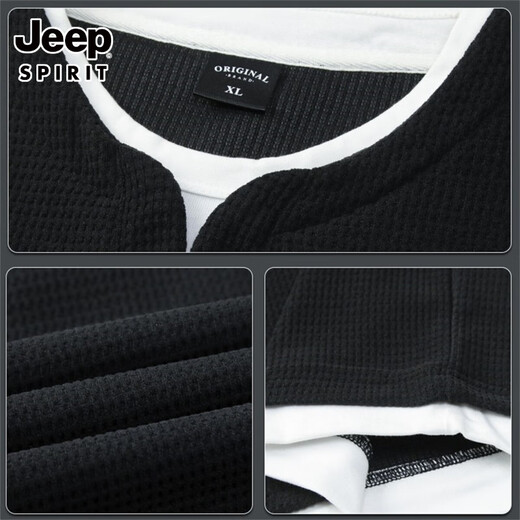 JEEP SPIRIT high-end heavyweight European cotton velvet fake two-piece long-sleeved T-shirt for men in autumn and winter new waffle plus velvet V-neck inner henley shirt black XL