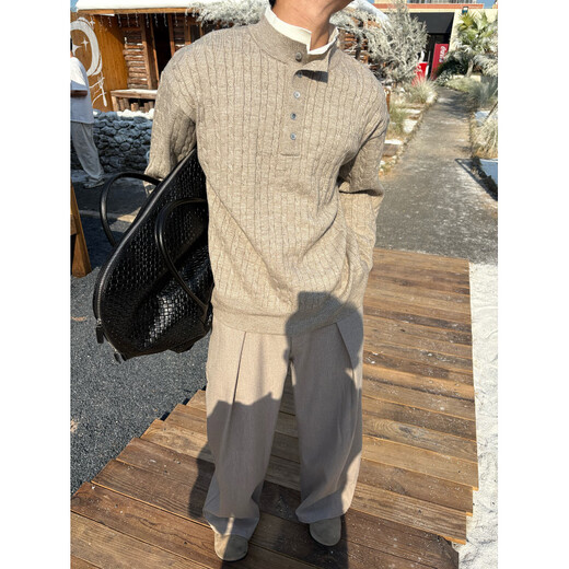 Fashionable Formula Lazy Style American Vintage Henry Collar Sweater Men's Loose Versatile Casual Sweater Trendy Navy S