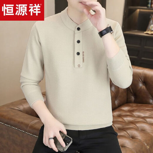 Xiaohongshu popular button sweater men's winter velvet thickened knitted bottoming shirt men's Henry collar warm sheep khaki A889 M M90-100Jin Jin is equal to 0.5 kg