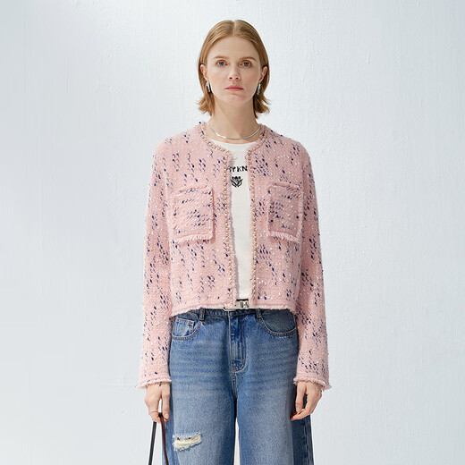 Enpaiya 2025 cashmere tweed yarn small fragrance sweater cardigan short coat for women pink S