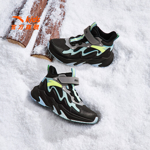 ANTA (ANTA) Children's Cotton Shoes Ridge Boys 25th Spring New Product Plus Velvet Warm Knob Button Outdoor Non-Slip Wear-Resistant Snow Boots Shanchuan Black/Thin Blue/Cold Gray-2 34 Feet Length Approximately 21.5cm