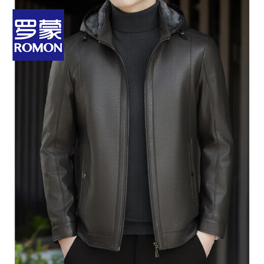 ROMON giant thick velvet detachable hood leather jacket for men in autumn and winter business casual high-end jacket dad wear cold and warm jacket brown XL / recommended 140-160Jin Jin equals 0.5 kg