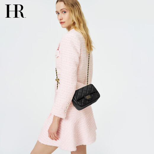 HR赫莲娜包包女包小香风经典百搭菱格链条包女头层牛皮单肩斜挎包女 黑色
