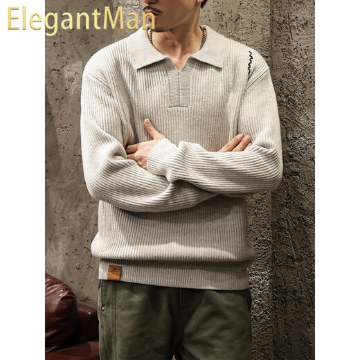 ElegantMan shirt collar sweater for men in autumn and winter Korean style soft waxy Henry collar sweater men's new polo collar coat floral gray M _ Suitable for -125Jin Jin equals 0.5kg