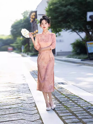 NUKM suede single layer long three-quarter sleeve daily cheongsam 2026 new improved spring and autumn Chinese style dress 6055 pink XL
