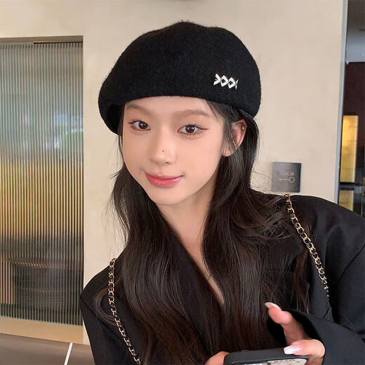 Duanxiangyu woolen beret women's hat autumn and winter fashionable newsboy hat 2025 new Korean style versatile forward hat xxx metal label black woolen beret two-wear style one size