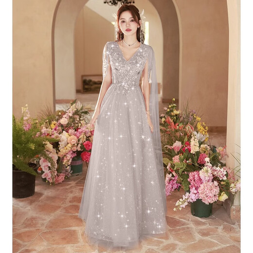 Chuangjing Yixuan New Year's Eve Host Dress Sequin Host Evening Dress Female Feeling Dignified and Grand Banquet Vocal Art Test Chorus Gray XS