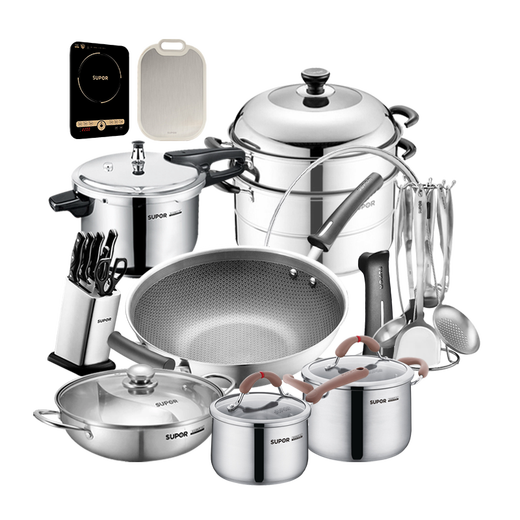 SUPOR kitchenware set, stainless steel pot set, wok, hot pot, soup, milk pot, pressure cooker, steamer set, knife set, shovel spoon, cutting board, exquisite 22-piece set