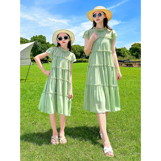 Shijanu parent-child clothing, mother-daughter summer bomb street parent-child clothing, new summer mother-daughter clothing, thin chiffon dress, stylish Korean version, green 110 cm weight 27-33Jin Jin equals 0.5 kg