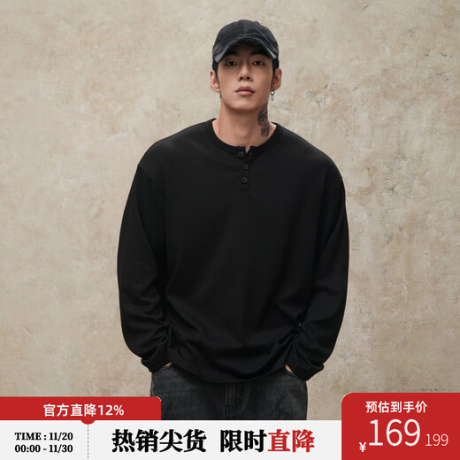 Lujiamen textured henley collar long-sleeved T-shirt men's sports fitness large size elastic bottoming shirt casual top black regular version (fabric weight 240g) 2XL recommended 180-220Jin Jin equals 0.5 kg