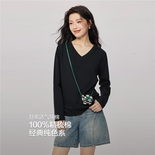 Giordano T-shirt women's basic comfortable inner layering shirt pure cotton solid color V-neck long-sleeved t-shirt women 13322759