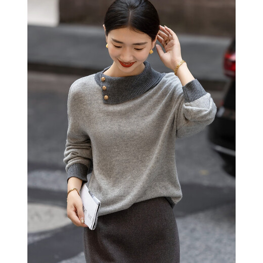 Demana Fashe Impression Winter Irregular Contrast Color Lapel Sweater Metal Button Sheep Wool Sweater Women's Top