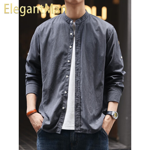 ElegantMan high-end vintage Henry collar long-sleeved shirt men's loose autumn new casual shirt jacket apricot XL_suitable for 150-170Jin Jin equals 0.5 kg