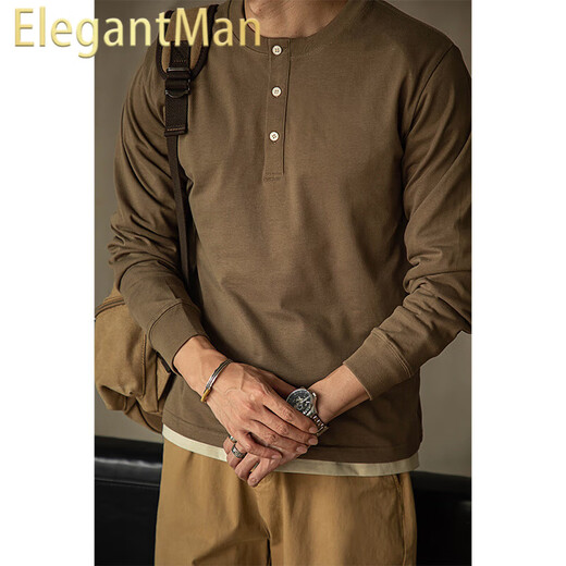 ElegantMan's workwear American retro tough guy style heavy henley shirt T-shirt long-sleeved cotton inner layering shirt men's winter brown M
