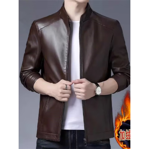 Huanyi Hangzhou Sijiqing Clothing Wholesale Market Winter Men's Small Stand Collar Leather Jacket Men Spring Autumn Winter Thin Plus Velvet Model Plus Velvet Brown Stand Collar Thickened M 170 Recommended 90-115 Jin Jin equals 0.5 kg