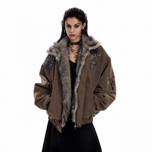 Avansby American retro Maillard lapel, mountain carving cross, thickened design, warm fur collar jacket, loose cotton coat, black L