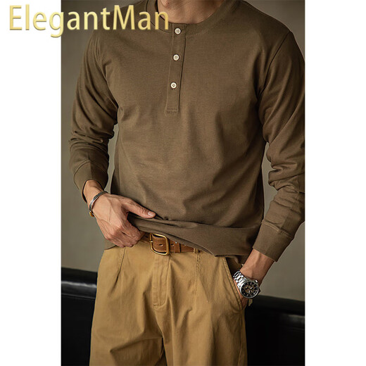 ElegantMan's workwear American retro tough guy style heavy henley shirt T-shirt long-sleeved cotton inner layering shirt men's winter brown M