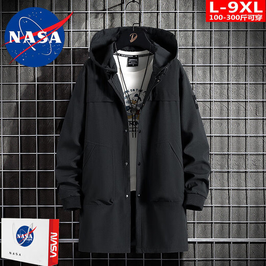 NASA RHUDE windbreaker men's mid-length spring and autumn coat men's youth loose coat autumn printed velvet hooded autumn and winter windbreaker black 5XL (200-220Jin Jin equals 0.5 kg)