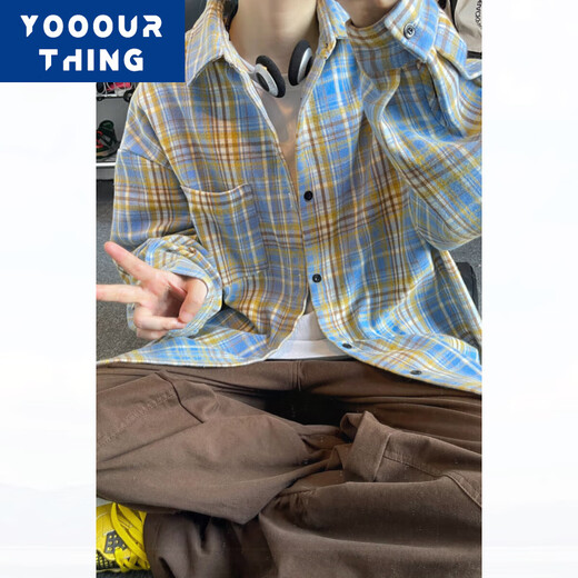 YOOOURTHING Amerikanisches Retro-Karohemd für Herren, langärmelig, Frühling, Herbst und Winter, plus samtverdicktes, lockeres Paar, vielseitige Freizeithemdjacke CJ9734-Gelb kariert plus Samt M (empfohlen 90–110 Jin entspricht 0,5 kg)