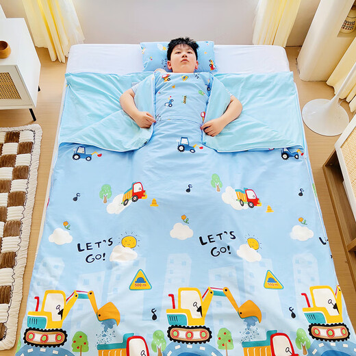 Children's sleeping bag spring, autumn and winter thickened pure cotton four-season universal anti-kick quilt for primary school students, babies, middle-aged and older children, Mengduo-engineering vehicle, soft and breathable, 120*150cm soybean cotton 1 thin 1 thick
