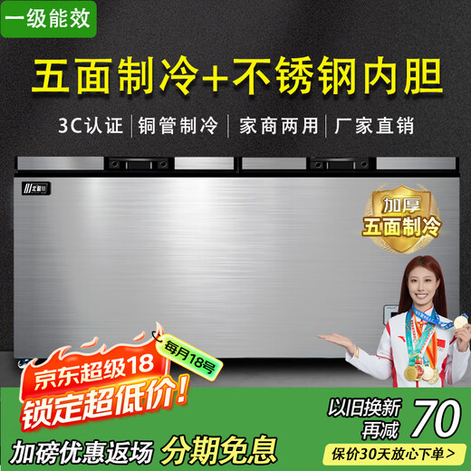 Arktischer Sichuan-Gefrierschrank, kommerzielle intelligente Temperaturregelung, horizontaler Gefrierschrank mit großer Kapazität, Haushalts-Gefrierschrank, Vitrine, Kühlschrank, Frischschrank, Eisschrank, fünfseitige Kühlung | 1,45 m lange Doppeltür-Edelstahlauskleidung 698 Titangrau Einzeltemperatur