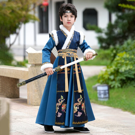 Anneyol Boys' Hanfu Autumn and Winter Chinese Style Ancient Costume Winter Children's Ancient Style Young Master Handsome Tang Suit Plus Velvet Blue 140