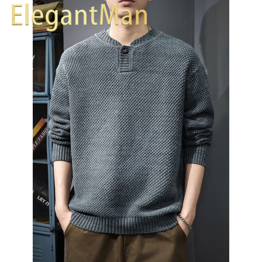 ElegantMan Autumn Trendy Japanese Retro Henley Collar Sweater Men's Pullover Loose Knitwear Autumn and Winter New Style Inner Sweater Floral Gray S _Suitable Weight 90-115Jin Jin is equal to 0.5 kg
