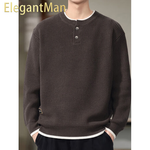 ElegantMan Henry Collar Sweater Men's 2025 New Autumn and Winter Loose Lazy Style Boys' Sweater Tops Men's Trendy Brown M_Suitable-135Jin Jin is equal to 0.5 kg