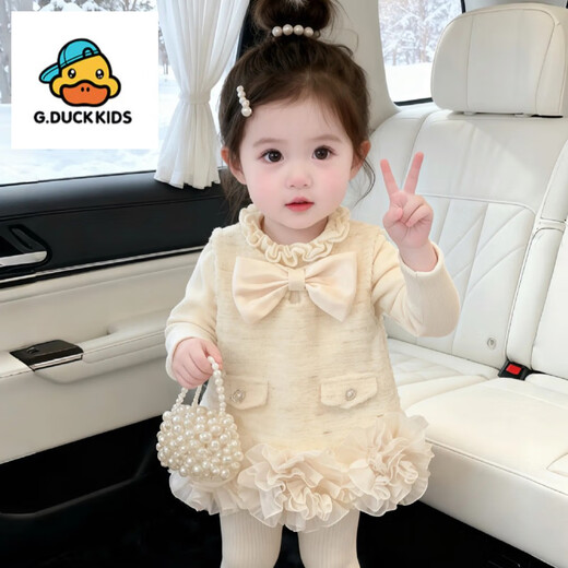 G.duck little yellow duck girl's small fragrant style vest dress winter wear 2025 new one-year-old dress skirt baby girl princess skirt plus velvet small fragrant style plus velvet vest dress 90 cm