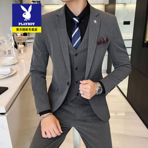 Playboy suit men's three-piece suit Korean version slim business formal casual small suit groom groomsman wedding dress 719/black two-piece suit + pants XL recommended 120-135Jin Jin equals 0.5 kg