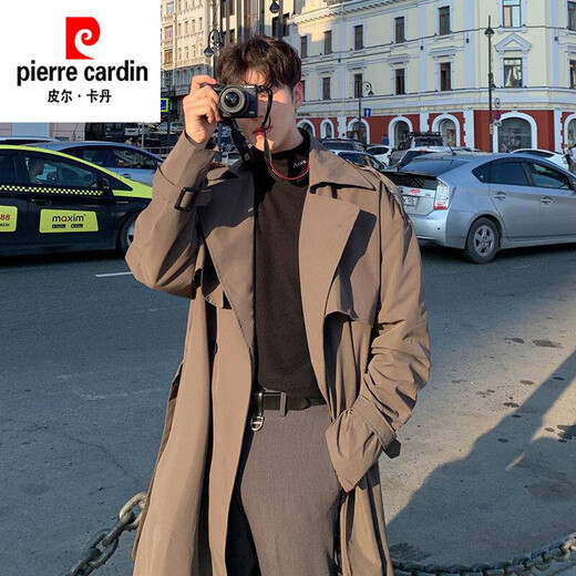 皮尔卡丹（pierre cardin）新款风衣男中长款韩版春秋季潮流宽松过膝大衣英伦风外套男2024 浅棕色【复合】 加厚 XL