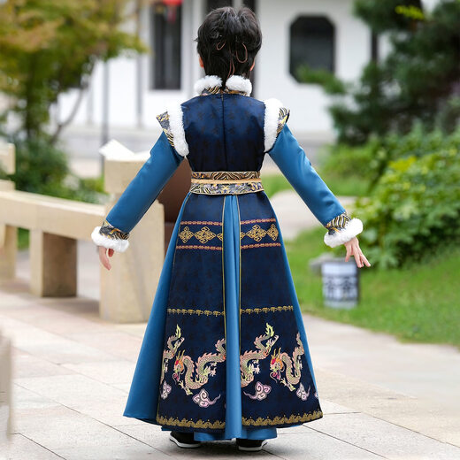 Anneyol Boys' Hanfu Autumn and Winter Chinese Style Ancient Costume Winter Children's Ancient Style Young Master Handsome Tang Suit Plus Velvet Blue 140