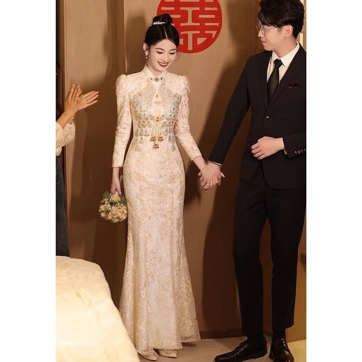 Fenggao (fenggao) Toast Wear Bridal 2025 New Winter Clothes Chinese Cheongsam Toast Wear Bridal Fishtail Skirt Xiuhe Suit Champagne Color Long Sleeve XL