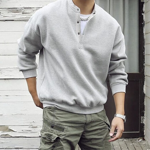 Yandang Plus Size Sweatshirt Men's 300 Jin Jin is equal to 0.5 kg American Henry Collar Spring and Autumn New Loose Top Bottoming Shirt Gray 3XL 200-250 Jin Jin is equal to 0.5 kg