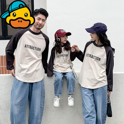 G.duck parent-child wear for a family of three spring pure cotton casual long-sleeved T-shirts with Japanese style Japanese print family wear spring and autumn tops beige color T-shirt 130 cm