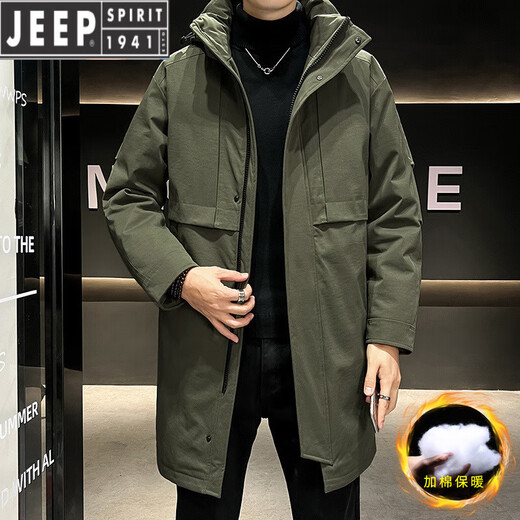 JEEP SPIRIT冬季潮胖男痞帅派克连帽加棉风衣棉衣棉服加肥大码加厚中长款外套 【加棉】军绿 加厚 L 165：115斤以内