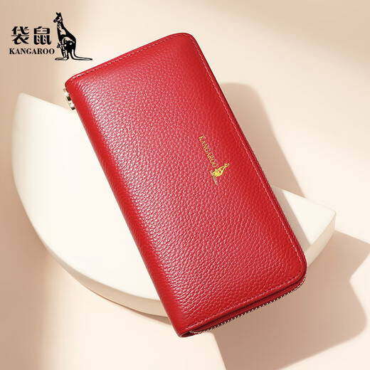 Kangaroo (KANGAROO) long wallet women's genuine leather zipper clutch 2025 new first layer cowhide clip women's clutch clutch bag elegant red
